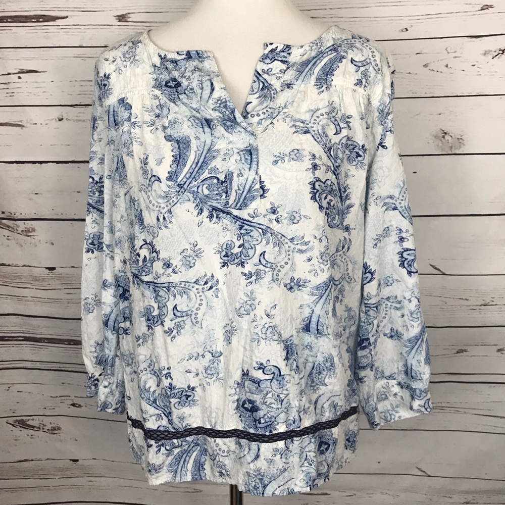 Caslon Blue & White Print 3/4 Sleeve Top Size M